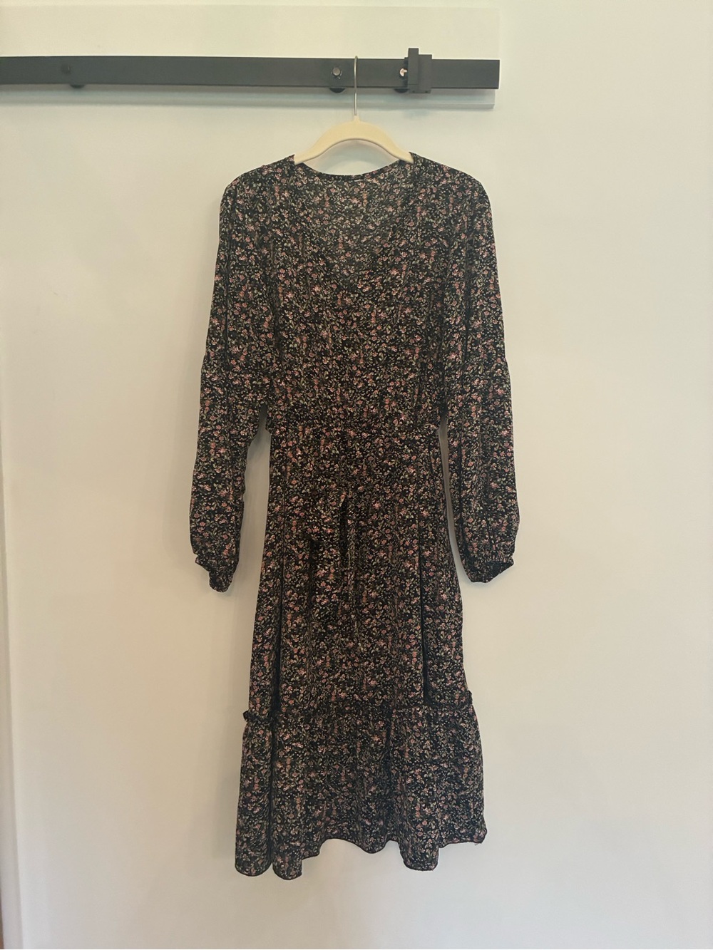 Long-Sleeve Black Dress with Pink Floral Print